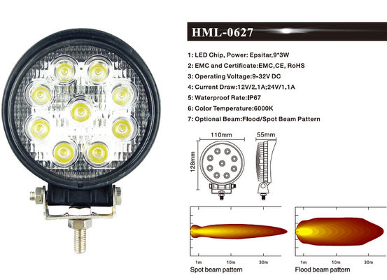 2160lm รอบไฟ LED ทำงานน้ำท่วม 27W อุตสาหกรรมการทำเหมืองแร่ Offroad Lighting